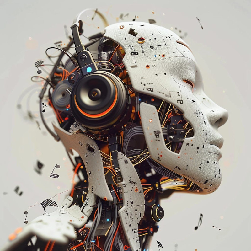 Une tête de robot écoutant de la musique