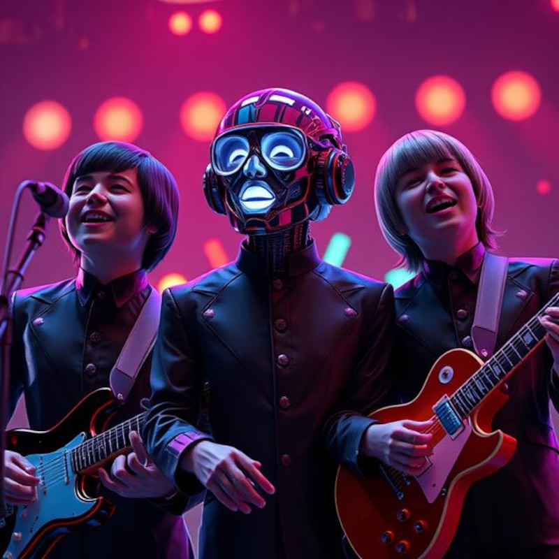 Robot humanoïde chanteur entouré de deux guitaristes